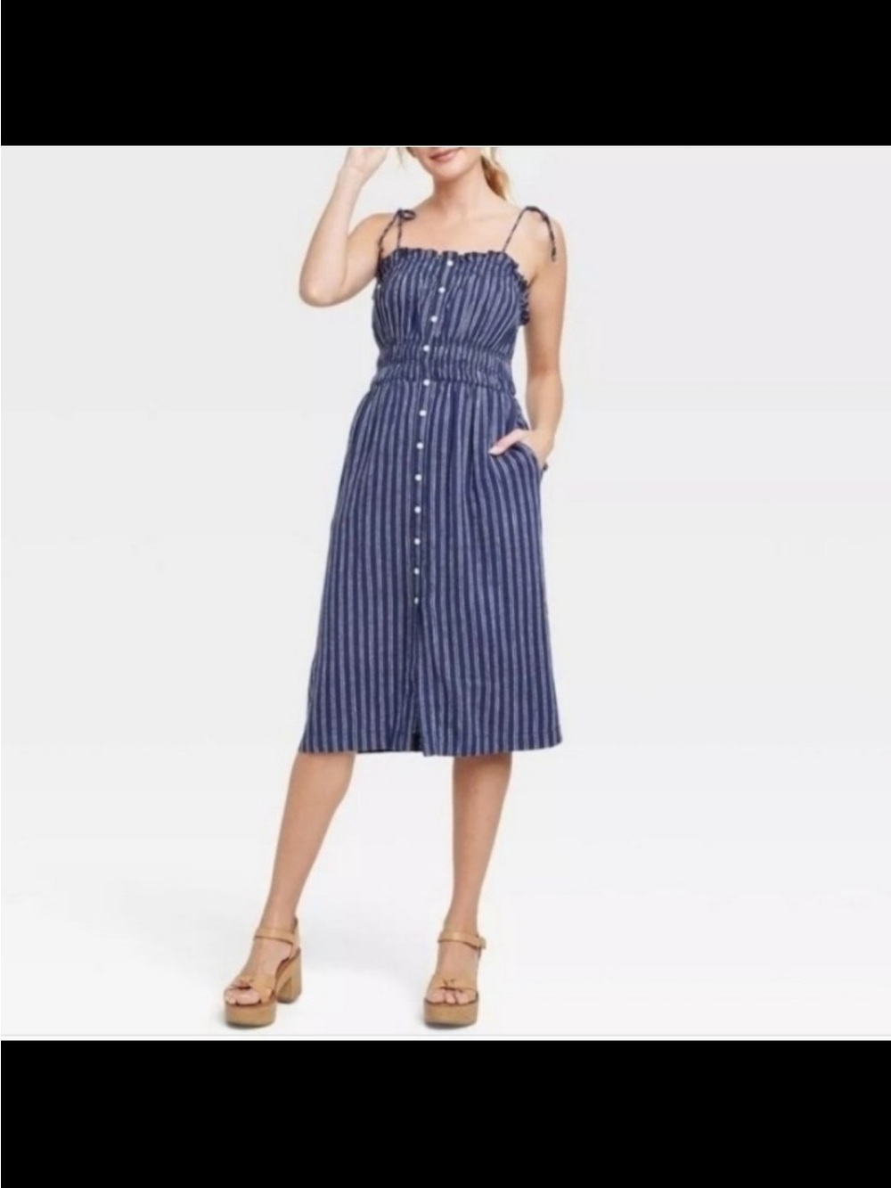 Universal Thread Striped Blue Button-Front Midi Dress with Tie Straps. Small